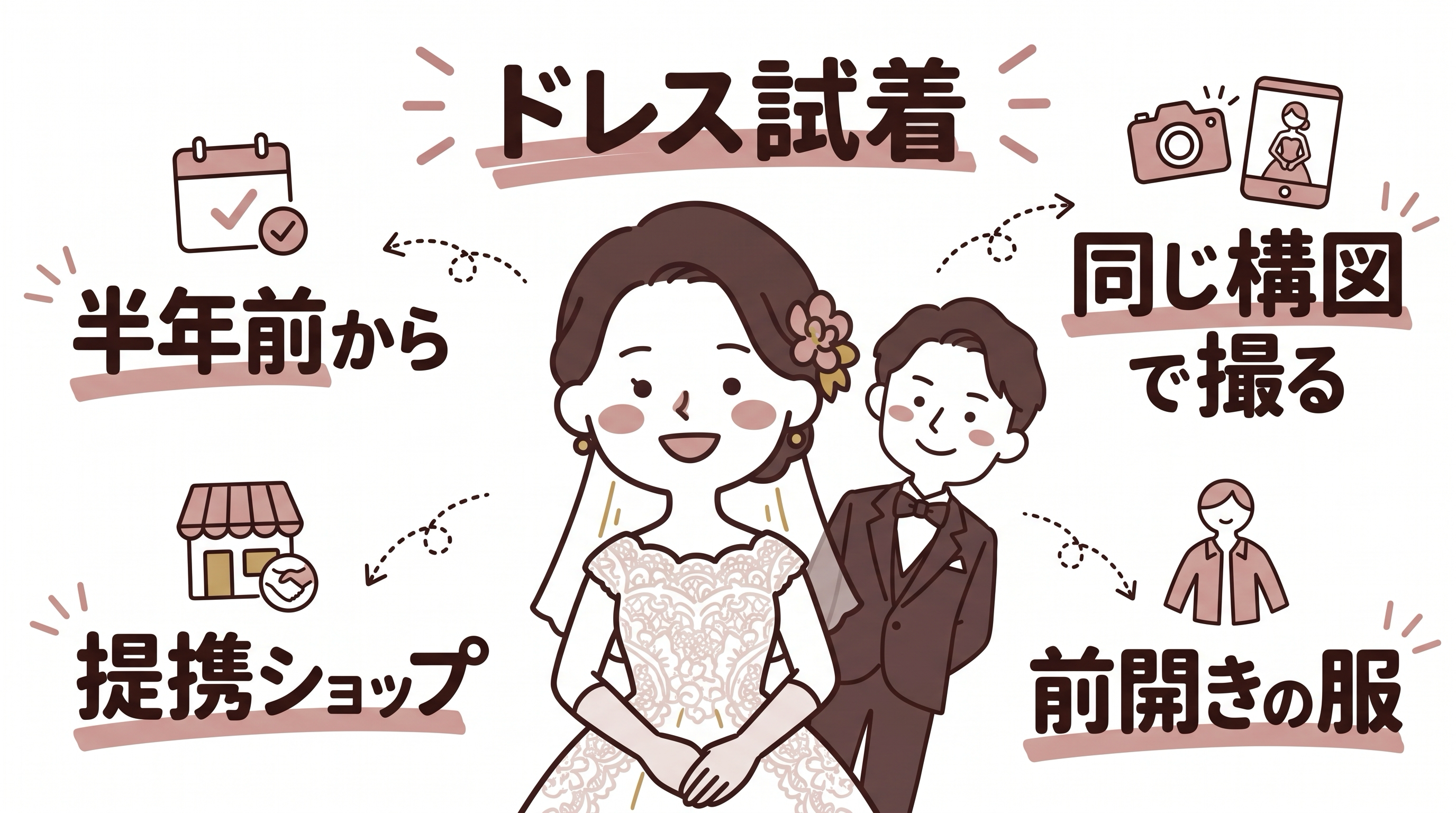 ドレス試着の始め方を、時期・場所・当日の服装・写真の撮り方の4点で図解したヒーロー画像