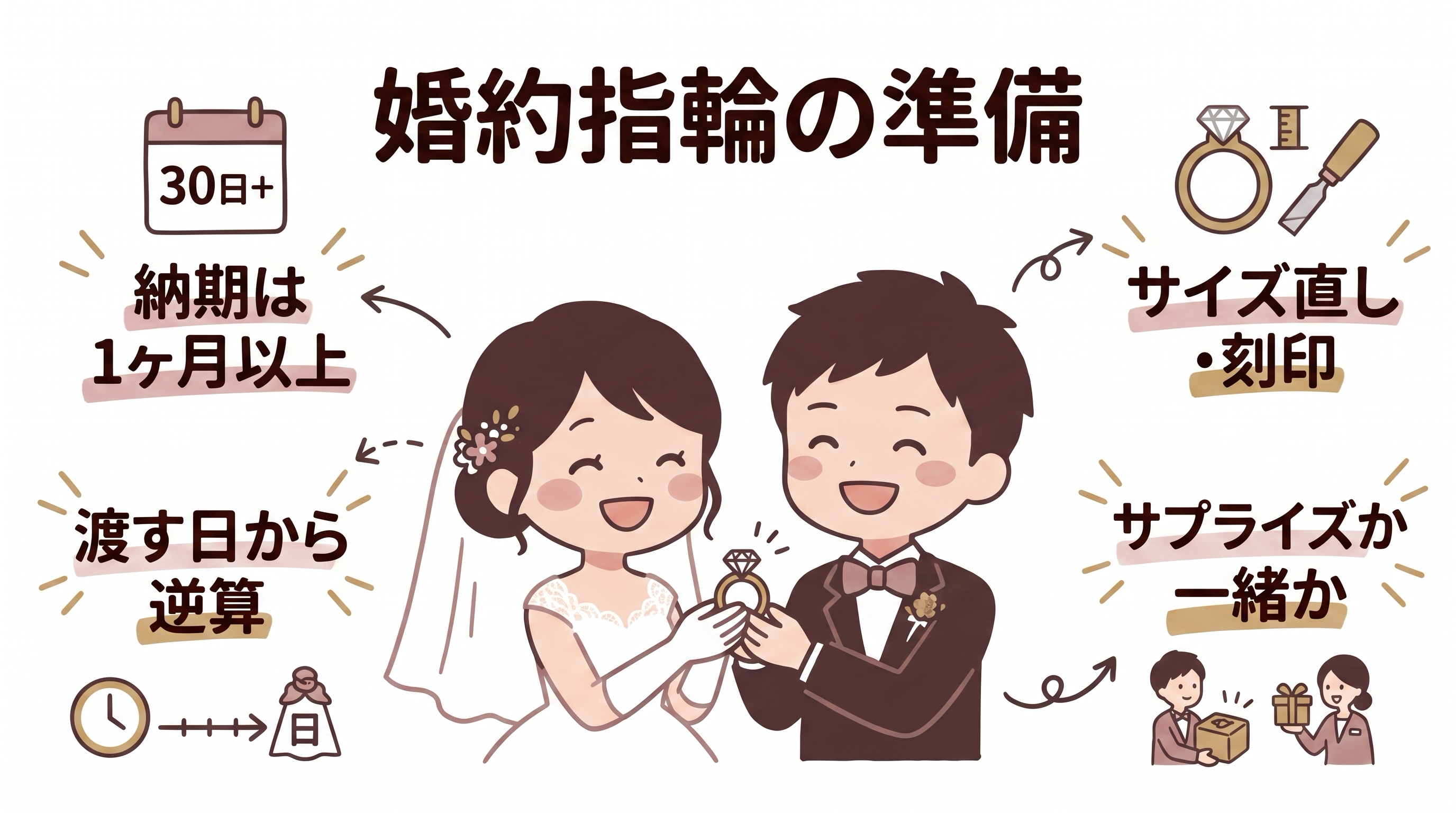 婚約指輪の準備を、納期・サイズ直し・刻印・渡す日からの逆算で図解したヒーロー画像