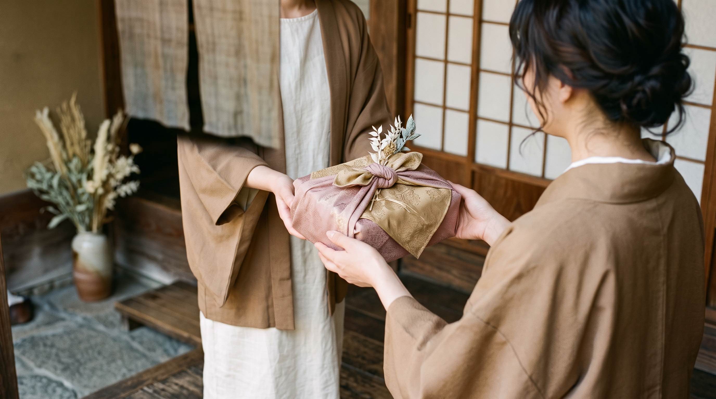玄関先で手土産を両手で差し出す手元
