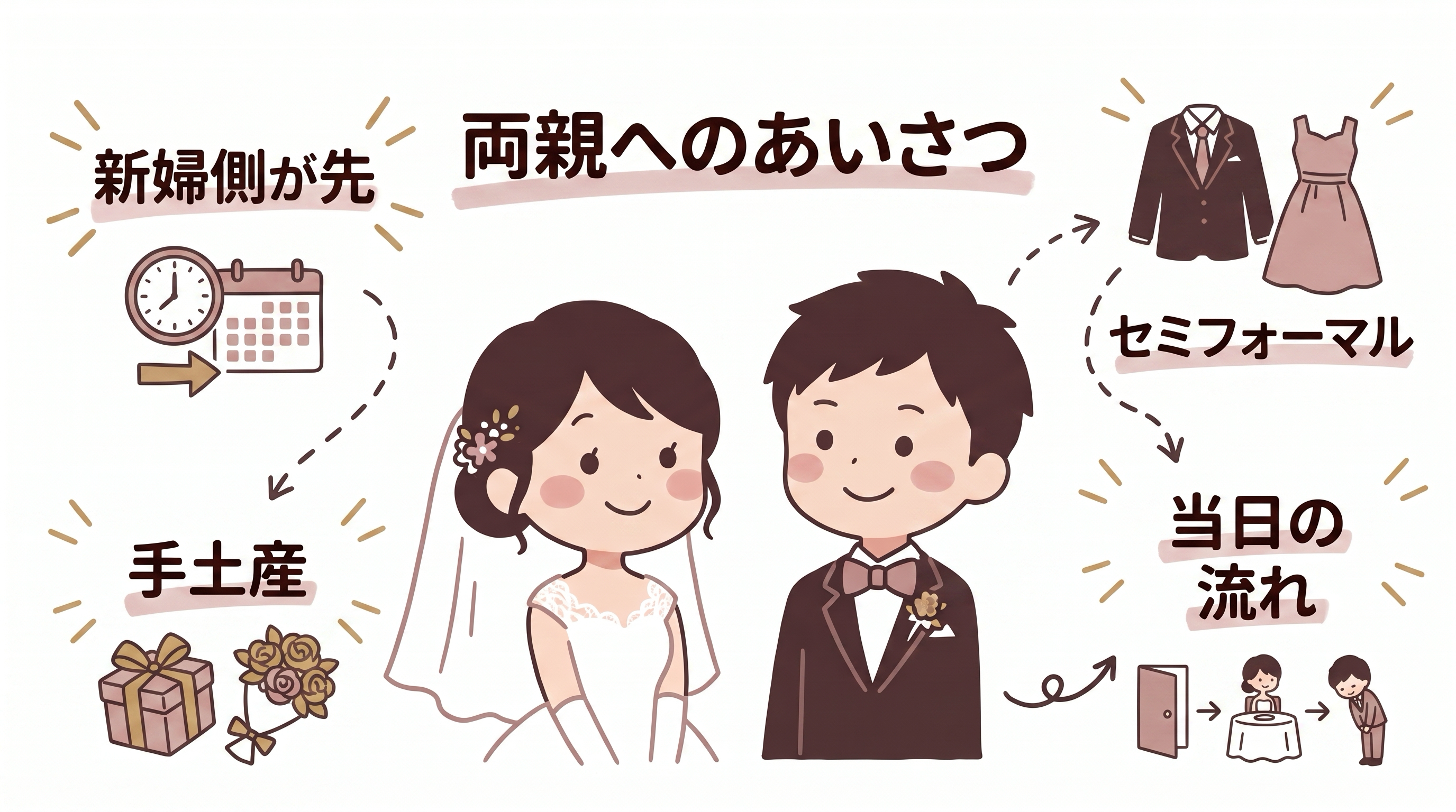 両親への結婚あいさつの段取りを、順番・服装・手土産・当日の流れで図解したヒーロー画像